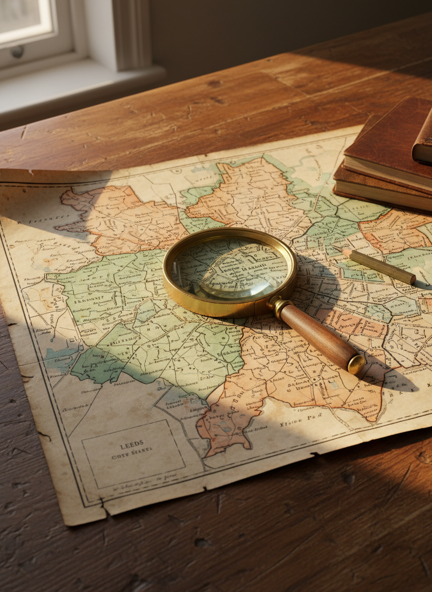 An intricately detailed, antique map of Leeds circa late 19th century is spread flat across a large, scratched wooden desk, its edges curled and fraying. The paper is cream with age spots, streets drawn in fine black lines and key districts highlighted in delicate muted colors. Beside it, a brass magnifying glass rests partly over the city center, and a stub of a graphite pencil lies nearby. Warm afternoon light from an unseen side window traces bright lines along the magnifying glass rim and emphasizes creases in the paper. Photographic realism, shot from a slightly elevated angle with sharp focus throughout, evokes a mood of investigation and historical inquiry.