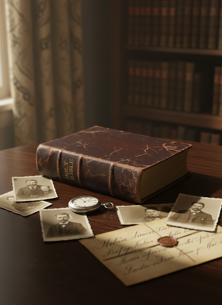 A worn, leather-bound Victorian family Bible lies closed on a dark, polished oak table, its cracked spine and gold-embossed title catching faint light. Around it are scattered sepia-toned photographs, a tarnished pocket watch, and a folded, yellowing letter with spidery ink handwriting. Soft, overcast window light from the left creates gentle highlights along the leather grain and long shadows across the wood. The background falls into a subtle blur of bookcases and heavy drapery. Photographic realism, eye-level composition with shallow depth of field, conveys a reflective, slightly melancholic atmosphere, suggesting buried family stories and the quiet weight of the past.